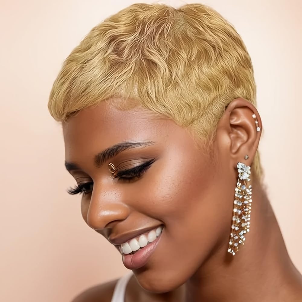Amecire Pixie Cut Wig honey blonde side view ideal for cosplay and parties.