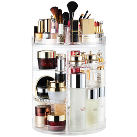 AMEITECH makeup organizer shows 360-degree rotation for easy access to cosmetics.
