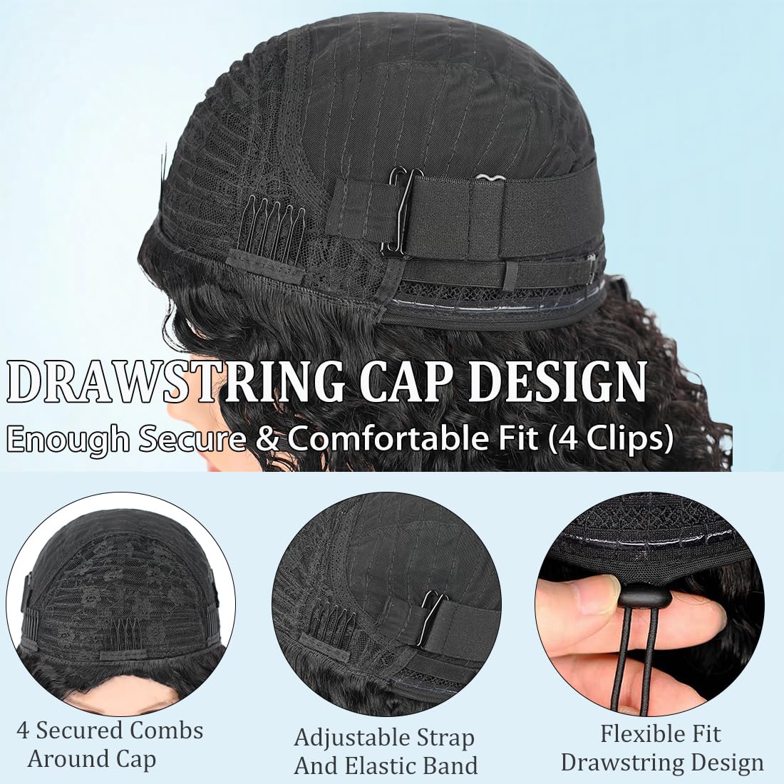 Amella glueless cap with four combs for secure fit