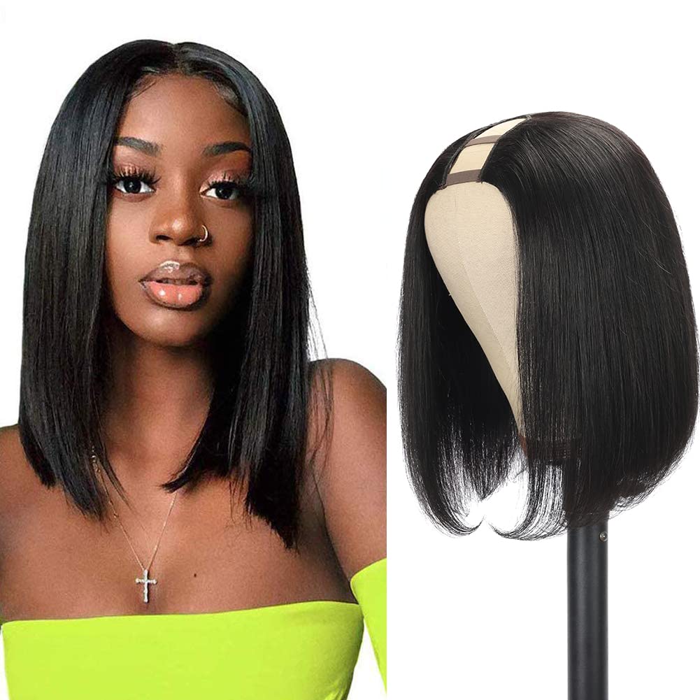 Amella U Part Bob Wig 12-inch straight look on head for natural daily wear