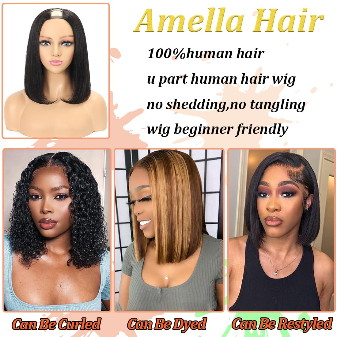 Amella U Part Bob Wig ready to be dyed or bleached for customization