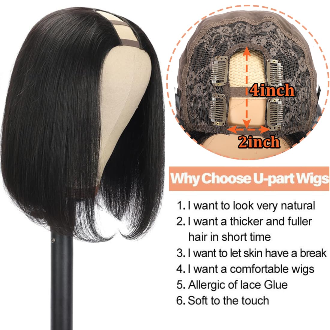 Amella U Part Bob Wig glueless cap close-up showing secure fit