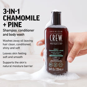 AMERICAN CREW 3-in-1 Chamomile & Pine conditioner bottle highlighting hair softness.