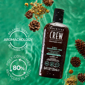 AMERICAN CREW 3-in-1 Chamomile & Pine fragrance bottle evokes calming scent.