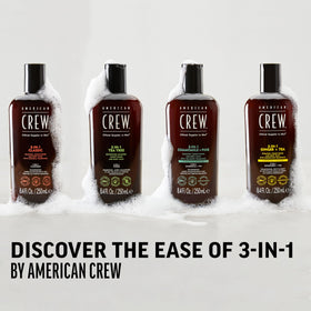 AMERICAN CREW 3-in-1 Chamomile & Pine grooming routine scene.
