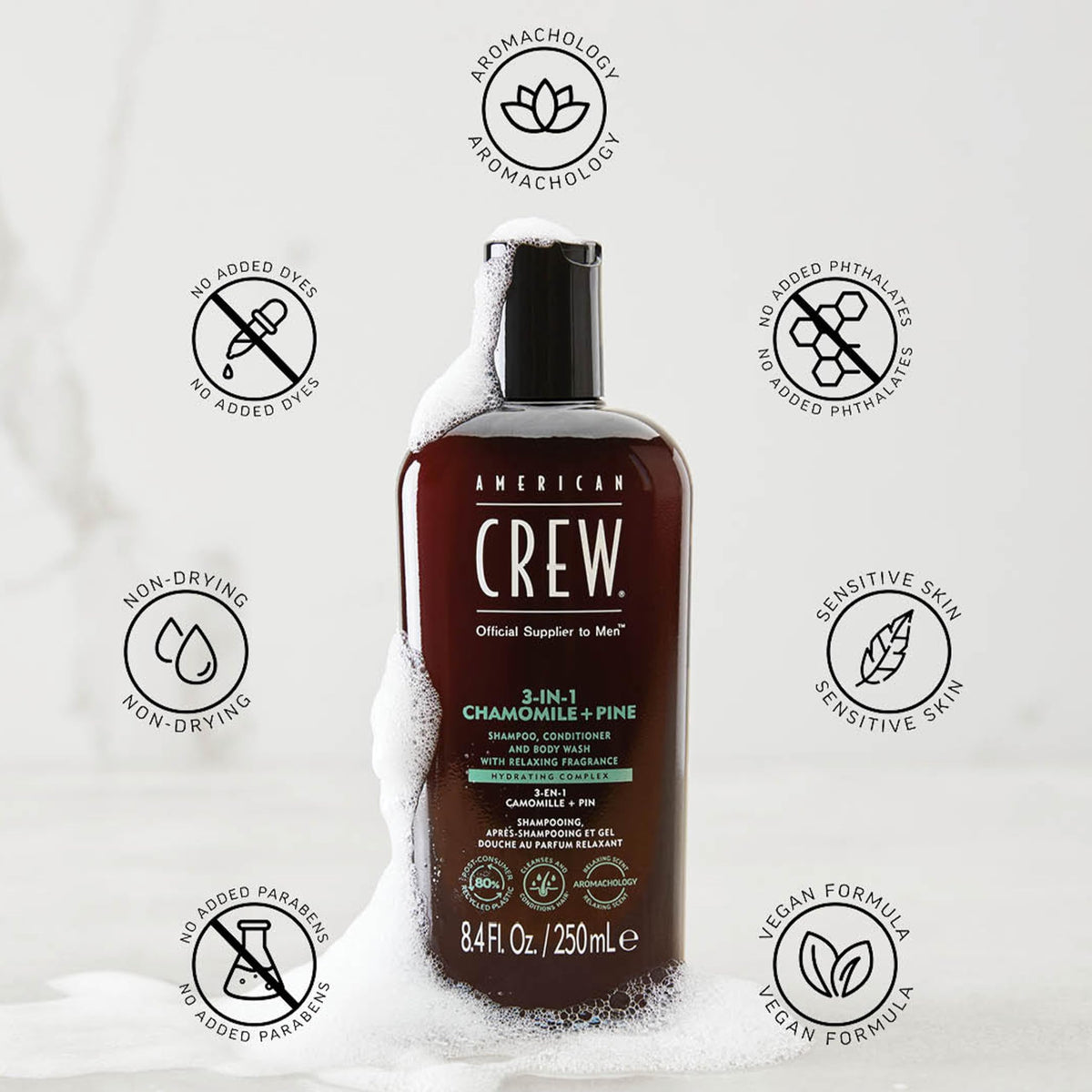 AMERICAN CREW 3-in-1 Chamomile & Pine box packaging on display.