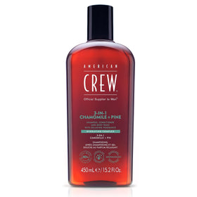 AMERICAN CREW 3-in-1 Chamomile & Pine shampoo bottle for a refreshing cleanse.