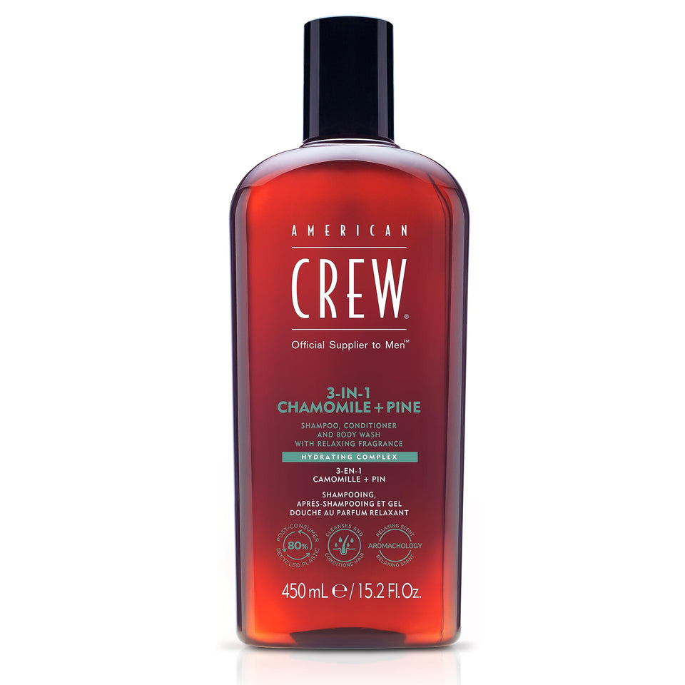 AMERICAN CREW 3-in-1 Chamomile & Pine shampoo bottle for a refreshing cleanse.