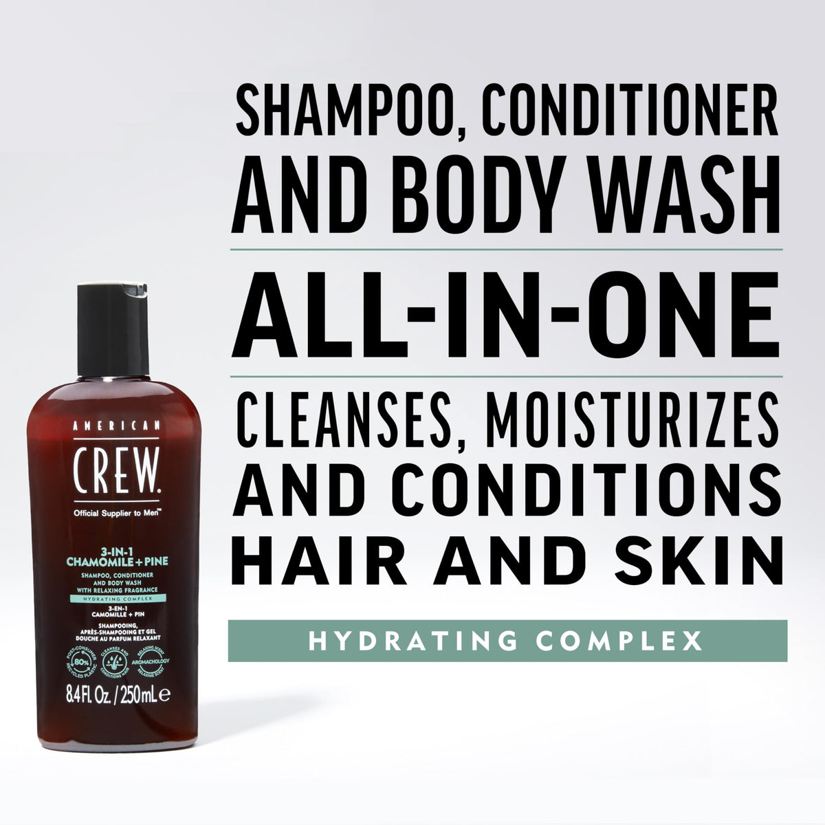 AMERICAN CREW 3-in-1 Chamomile & Pine shampoo lather forming on skin for cleansing.