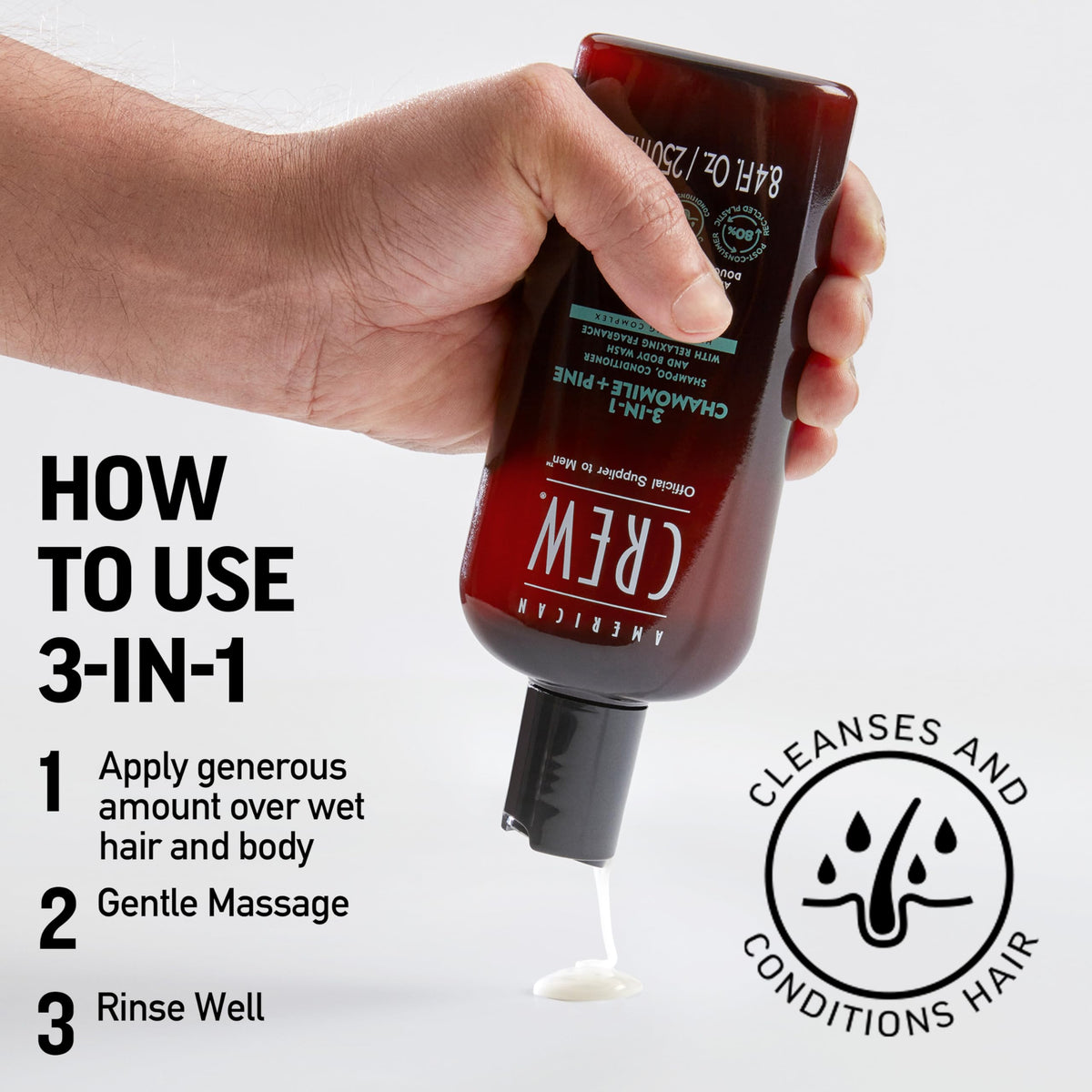 AMERICAN CREW 3-in-1 Chamomile & Pine after-shower skin feel close-up.