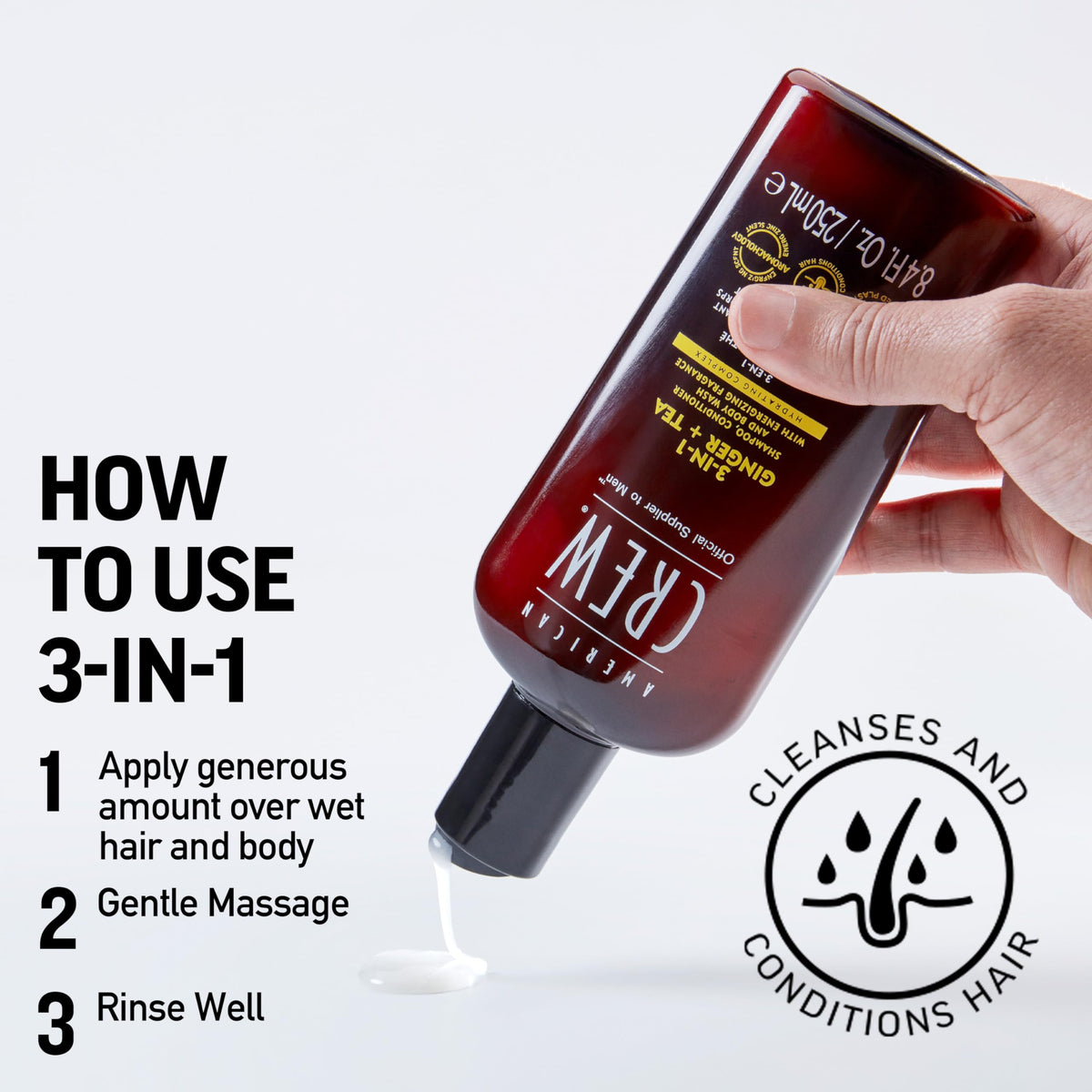 AMERICAN CREW 3-in-1 Ginger & Tea bottle on bathroom shelf