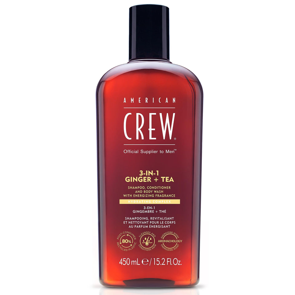 AMERICAN CREW 3-in-1 Ginger & Tea bottle front supports quick all-in-one grooming