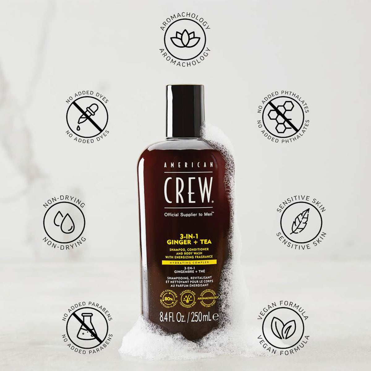 AMERICAN CREW 3-in-1 Ginger & Tea label close-up for brand trust