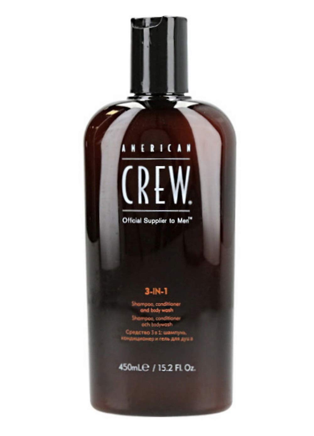 American Crew 3-in-1 shampoo conditioner body wash bottle; versatile grooming essential.