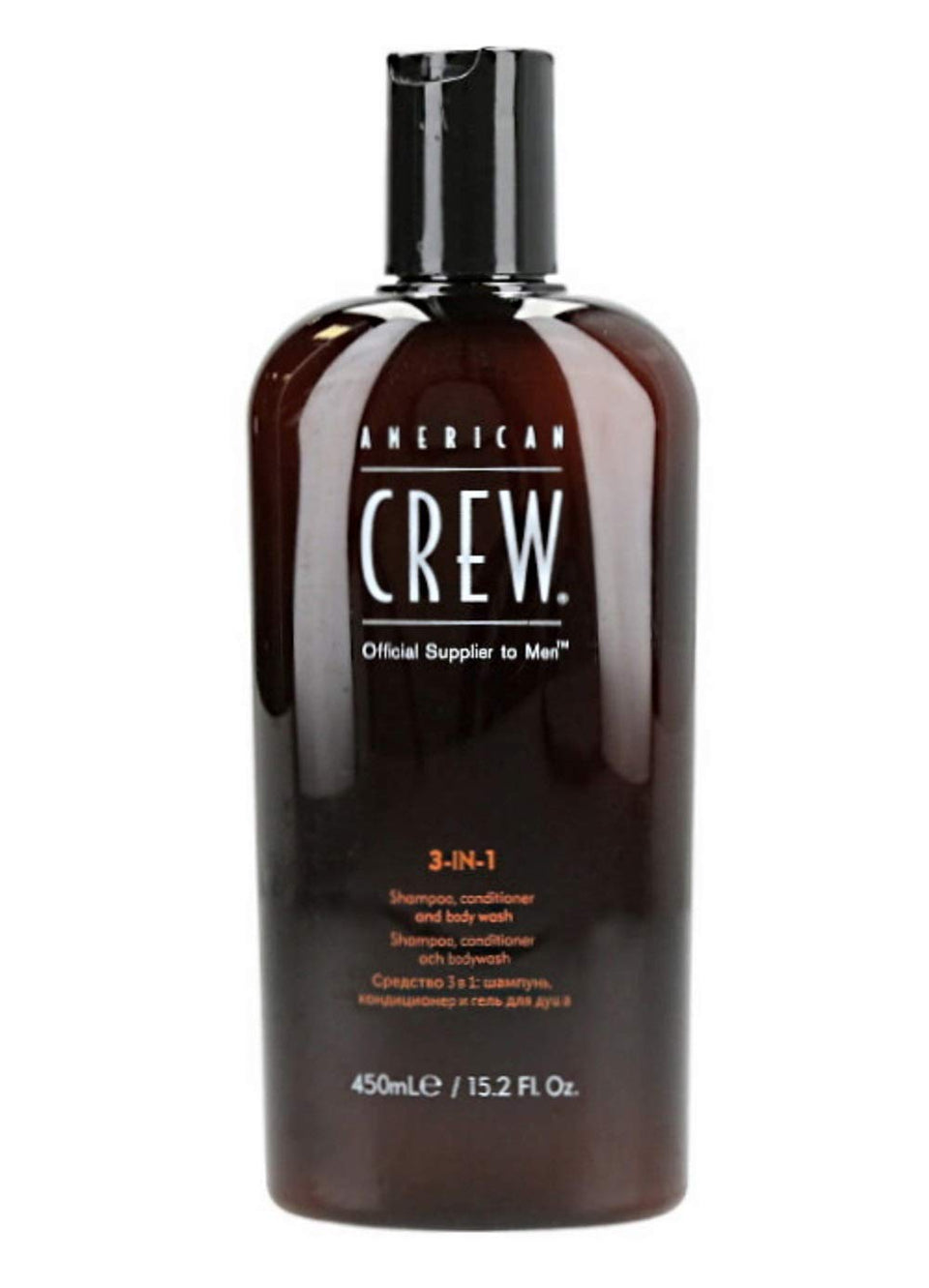 American Crew 3-in-1 shampoo conditioner body wash bottle; versatile grooming essential.