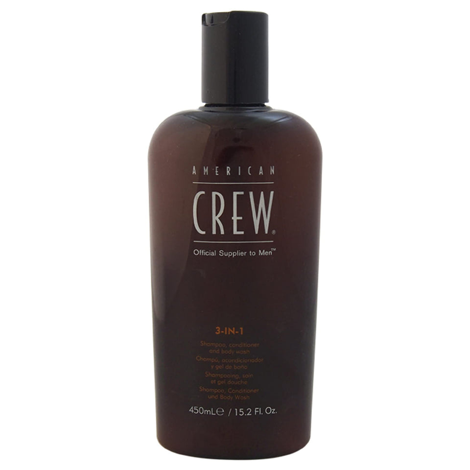 American Crew 3-in-1 bottle delivers convenient cleansing, conditioning, and body wash for busy men's routines.