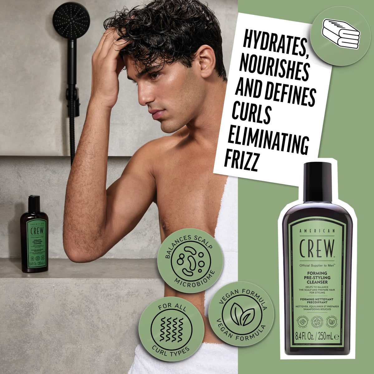 American Crew anti-frizz action visible during wet-hair application.