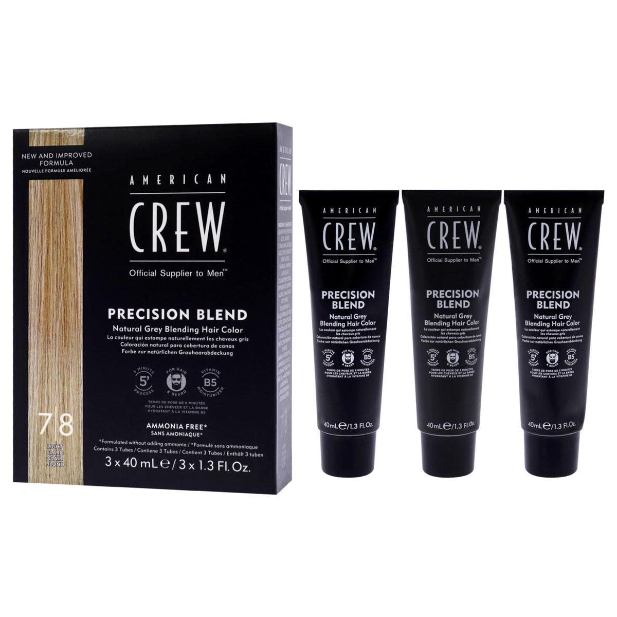 American Crew hands applying dye with timer highlight quick five-minute process.