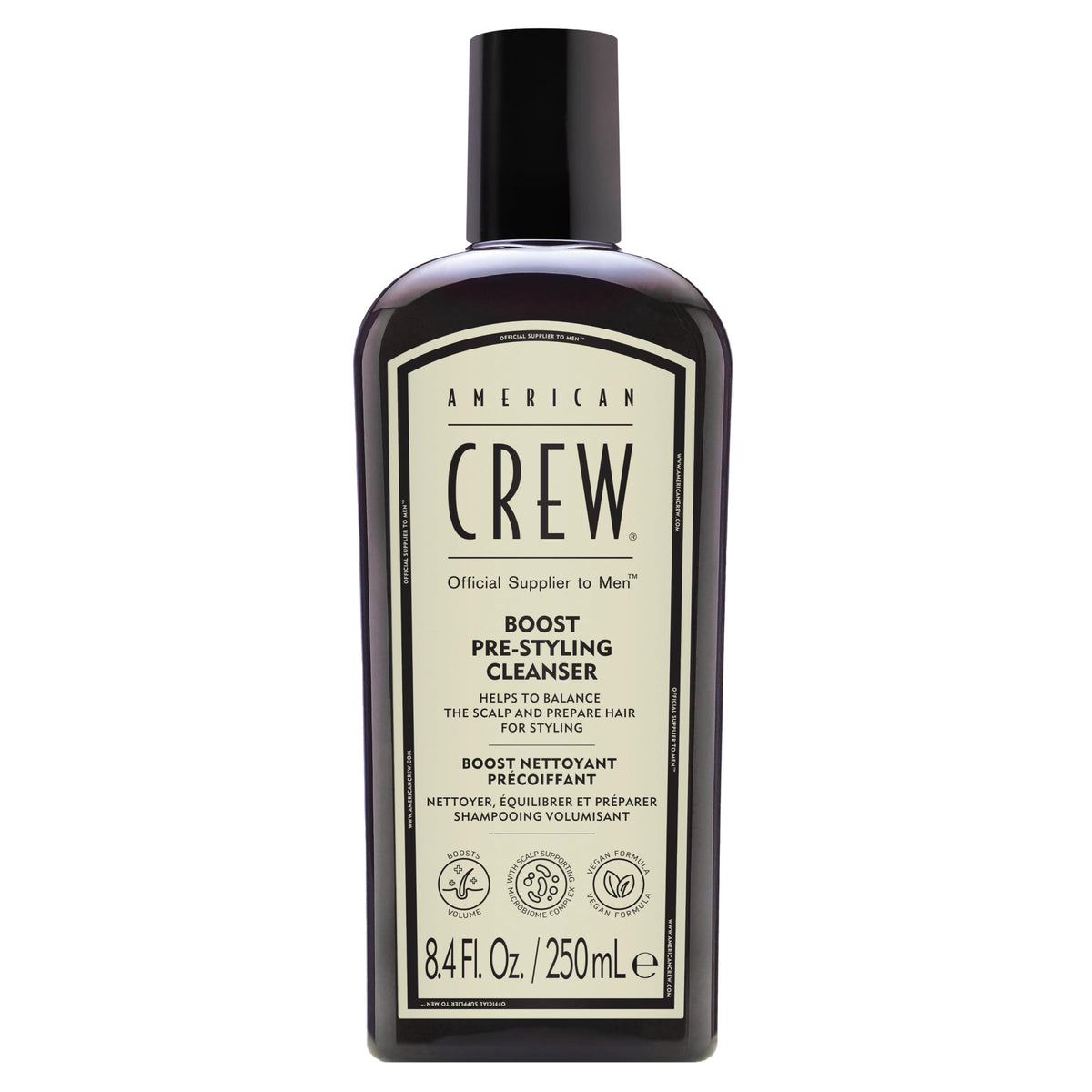 AMERICAN CREW Boost Shampoo bottle front, vegan pre-styler benefits for fine hair.