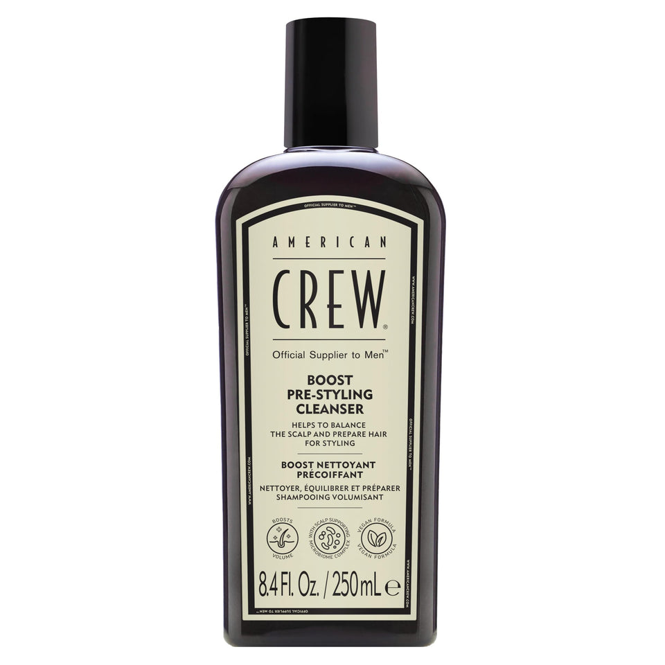 AMERICAN CREW Boost Shampoo bottle front, vegan pre-styler benefits for fine hair.
