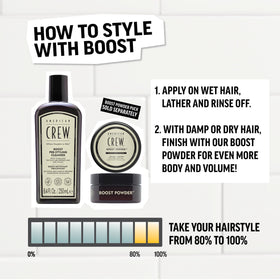AMERICAN CREW Boost Shampoo after-wash shine supports easy styling and manageability.