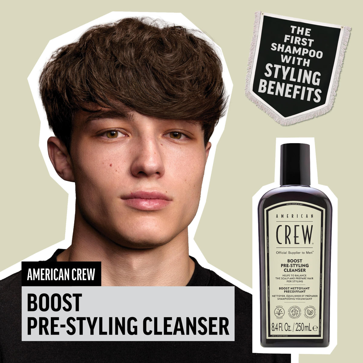 AMERICAN CREW Boost Shampoo pour action shows easy distribution for a quick cleanse.