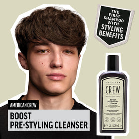 AMERICAN CREW Boost Shampoo pour action shows easy distribution for a quick cleanse.