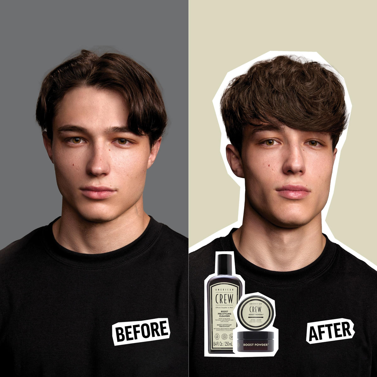 AMERICAN CREW Boost Shampoo root-to-tip volume appearance after use demonstrates lift.