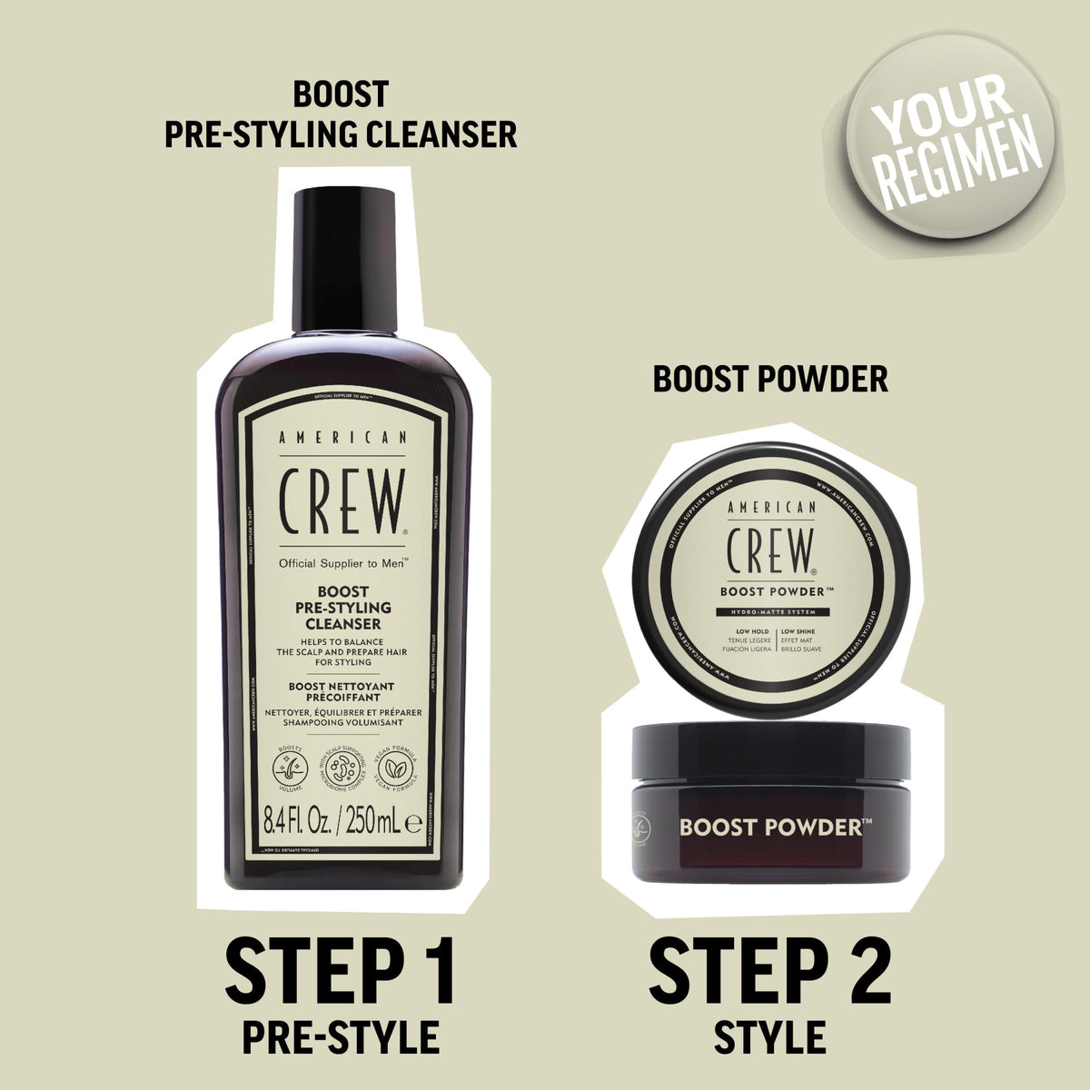 AMERICAN CREW Boost Shampoo packaging close-up highlights clean, minimal design.