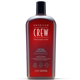 American Crew Detox Shampoo bottle shows vegan formula for scalp cleansing.