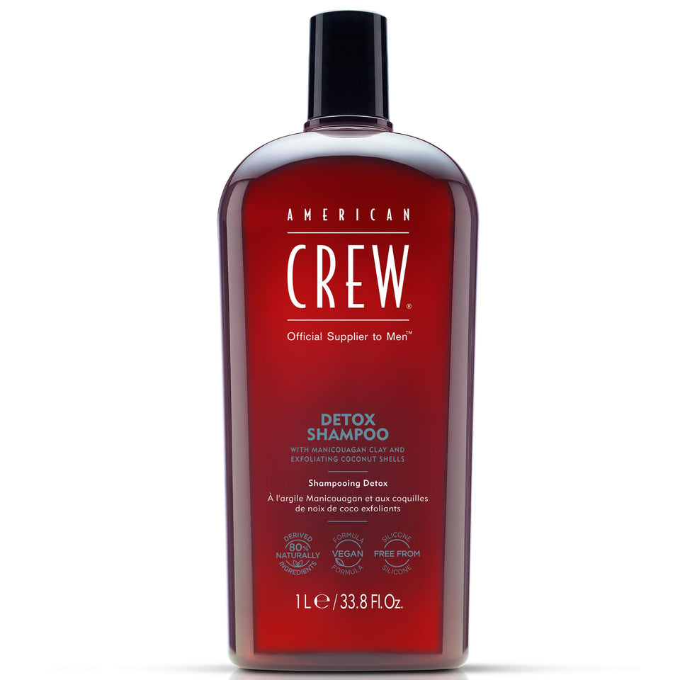 American Crew Detox Shampoo bottle shows vegan formula for scalp cleansing.