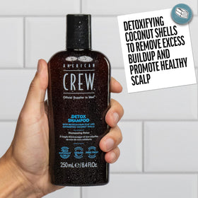 American Crew Detox Shampoo close-up reveals coating of beads and clay.