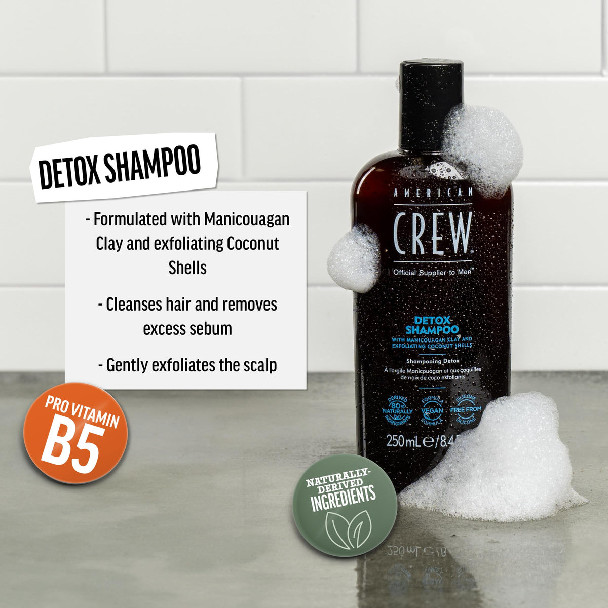 American Crew Detox Shampoo pours into hand, revealing a refreshing lather.