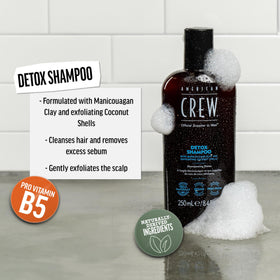 American Crew Detox Shampoo pours into hand, revealing a refreshing lather.
