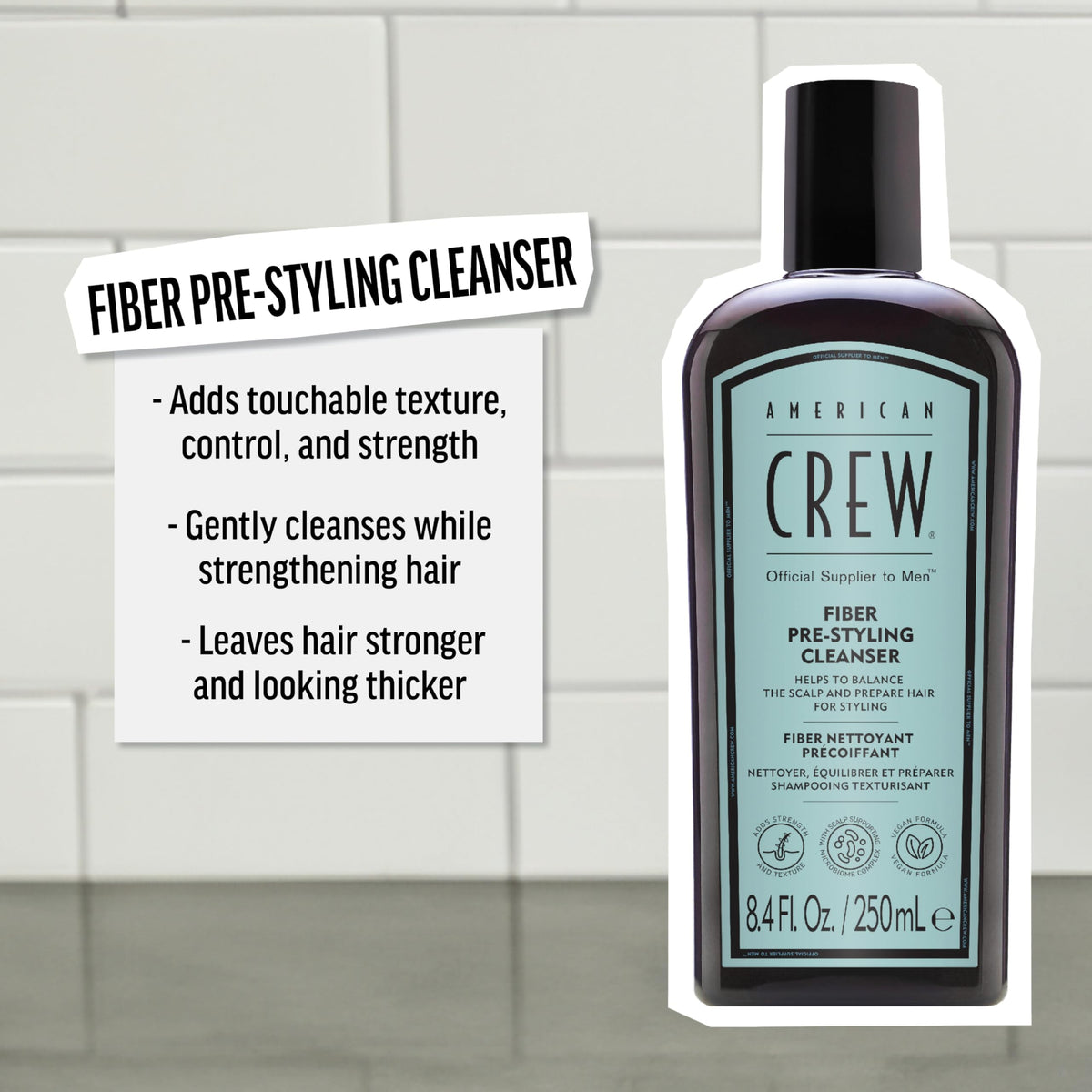 American Crew Fiber Shampoo bottle on display highlighting vegan formula