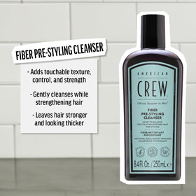 American Crew Fiber Shampoo bottle on display highlighting vegan formula