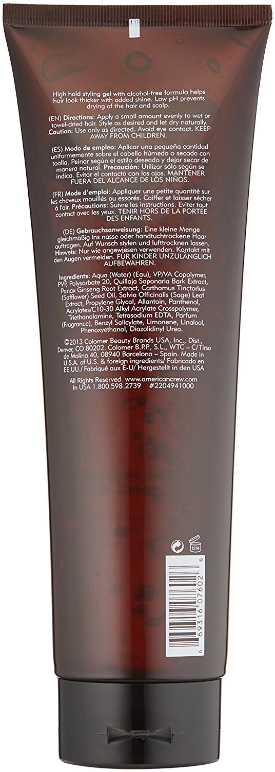AMERICAN CREW Firm Hold Gel 3-pack label highlighting Vitamin B5 for thicker-looking hair