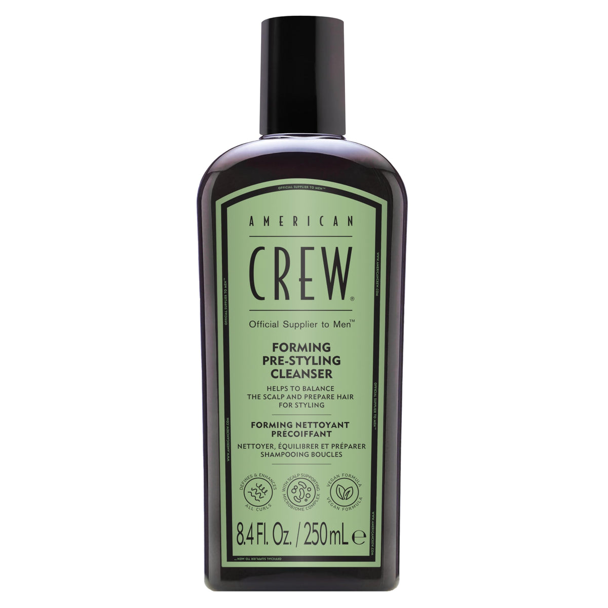 American Crew Forming Cream Shampoo bottle shows a hydrating formula for curly hair.