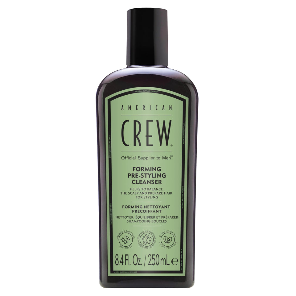 American Crew Forming Cream Shampoo bottle shows a hydrating formula for curly hair.