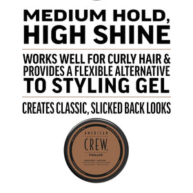 American Crew Hair Pomade 3oz tin close-up shows high shine.