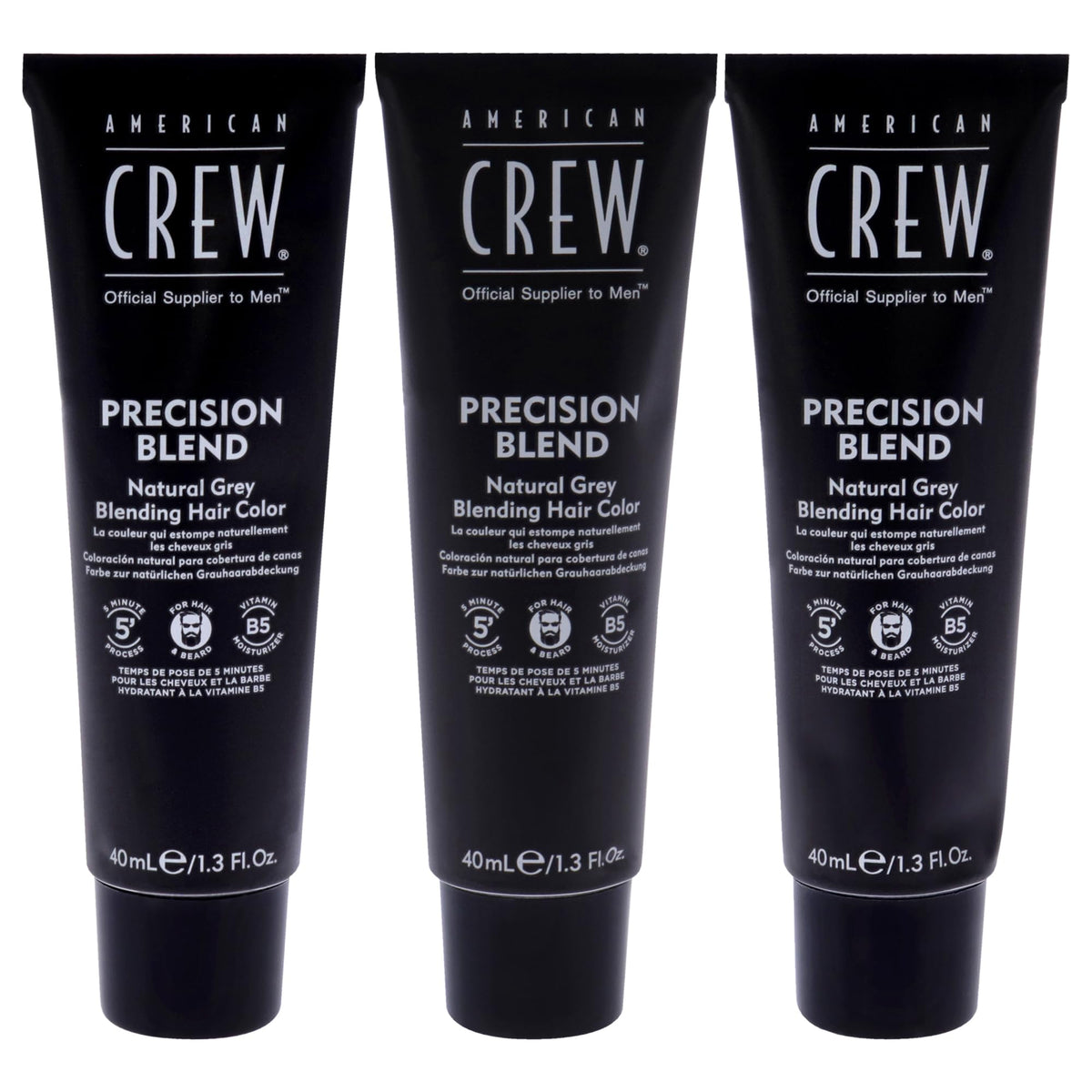 American Crew natural-gray shade swatches illustrate seamless beard and hair blending.
