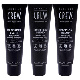 American Crew natural-gray shade swatches illustrate seamless beard and hair blending.