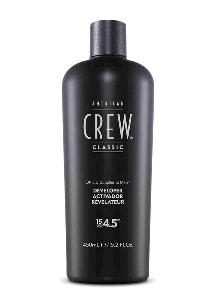 American Crew Precision Blend Developer bottle ready for gray blending results.