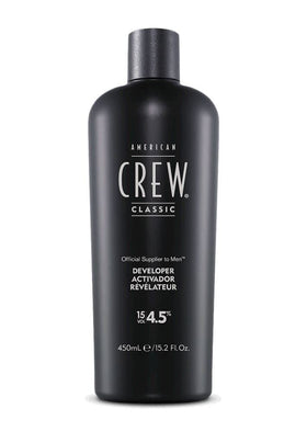 Close-up of American Crew Precision Blend Developer showing the 15 volume formula for even deposition.