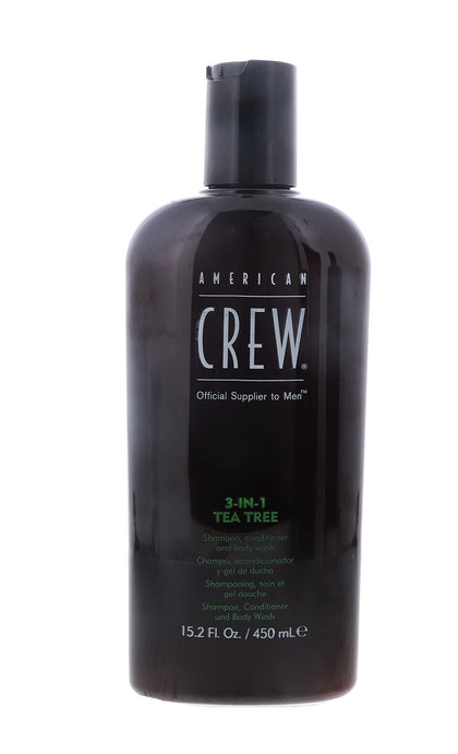 American Crew Tea Tree 3-in-1 bottle for hair, skin, and body offers refreshing cleanse.