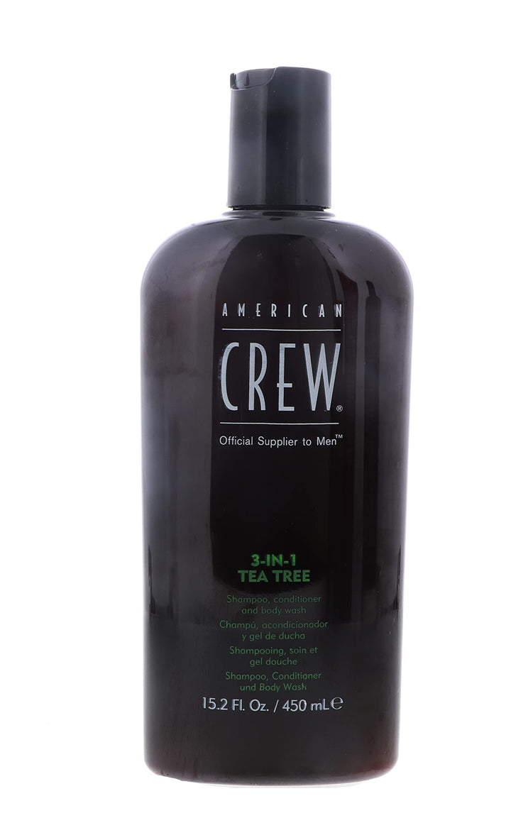 American Crew Tea Tree 3-in-1 bottle for hair, skin, and body offers refreshing cleanse.