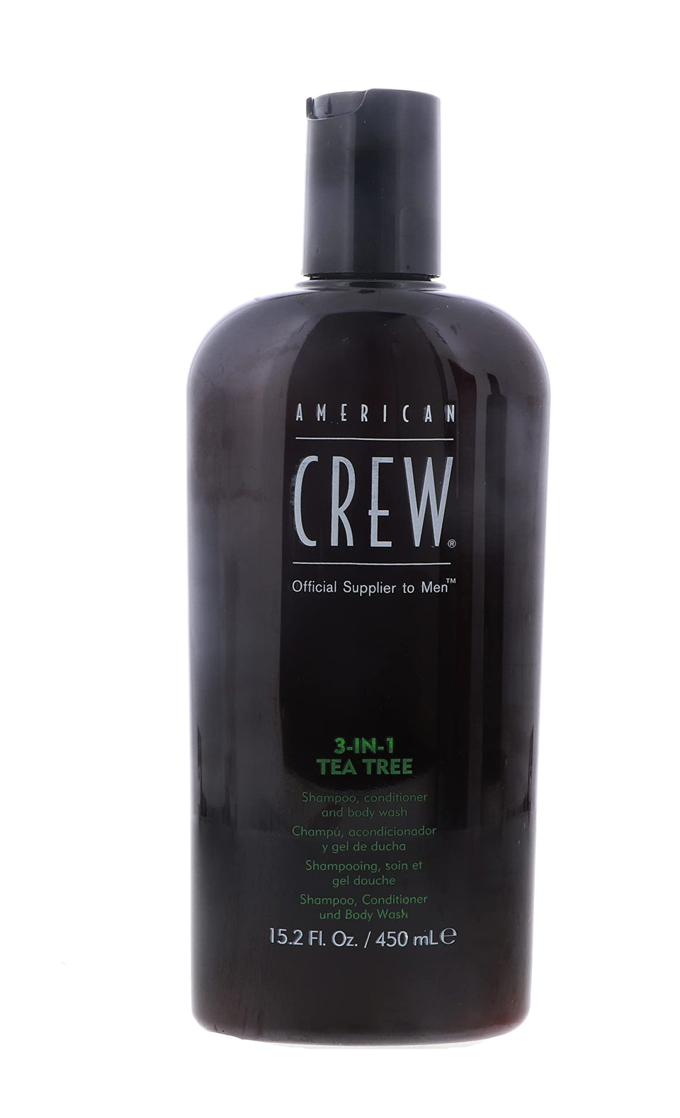 American Crew Tea Tree 3-in-1 bottle for hair, skin, and body offers refreshing cleanse.