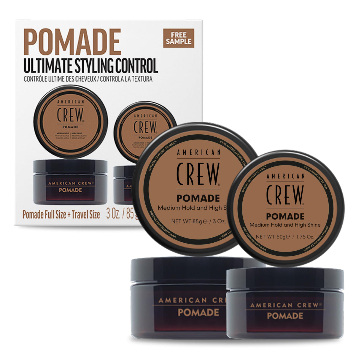 American Crew Hair Pomade packaging for the travel duo set, ideal for versatile styling.