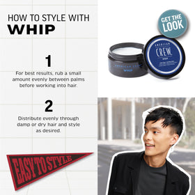 American Crew Whip styling cream on hair displays natural shine for a polished look.
