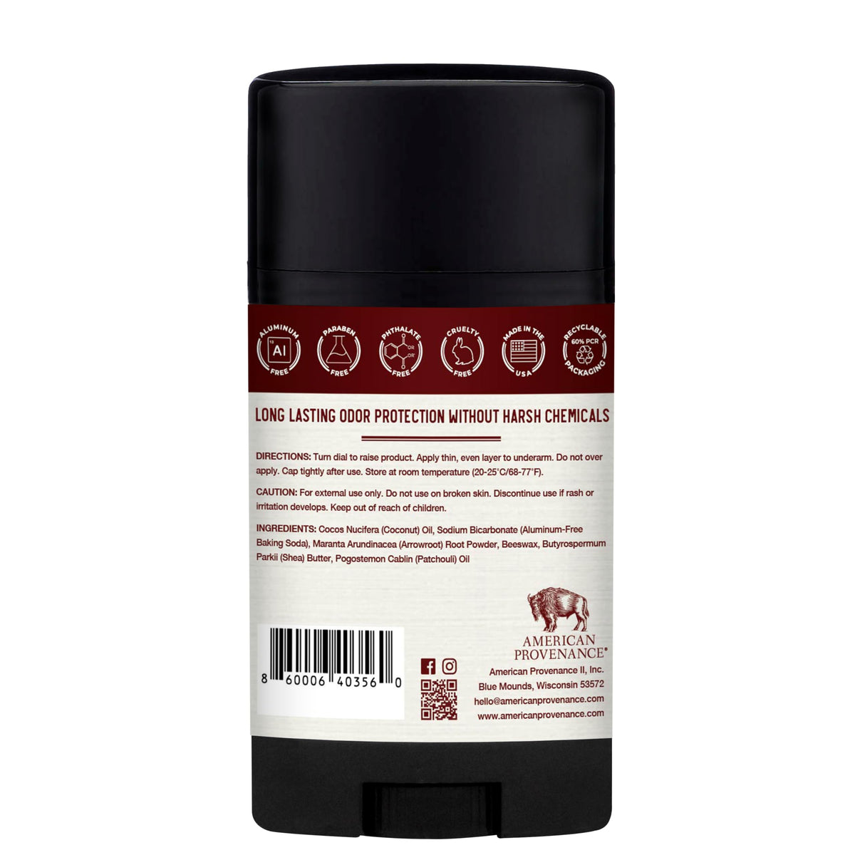 American Provenance patchouli deodorant 24-hour protection icon signals lasting odor control.